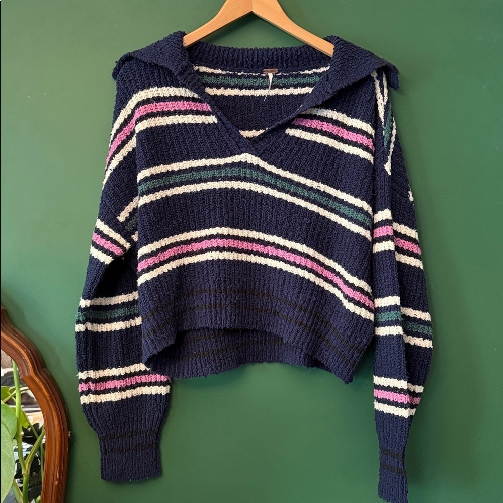 Free People Kennedy Womens XS Sweater Navy, Magenta, Green & Cream Stripes